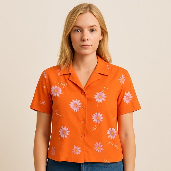 VINTAGE | Aria Orange & Pink Flower Buttonup Tee Shirt - Size Small 19 22 - Picture 1 of 8